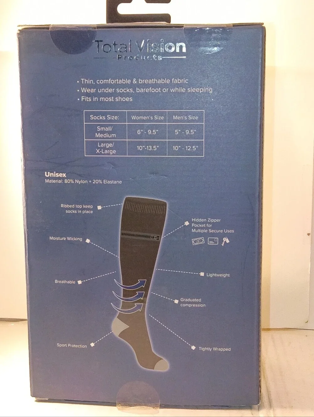 Total Vision Black Hidden Pocket Compression Athletic Socks - L/XL
